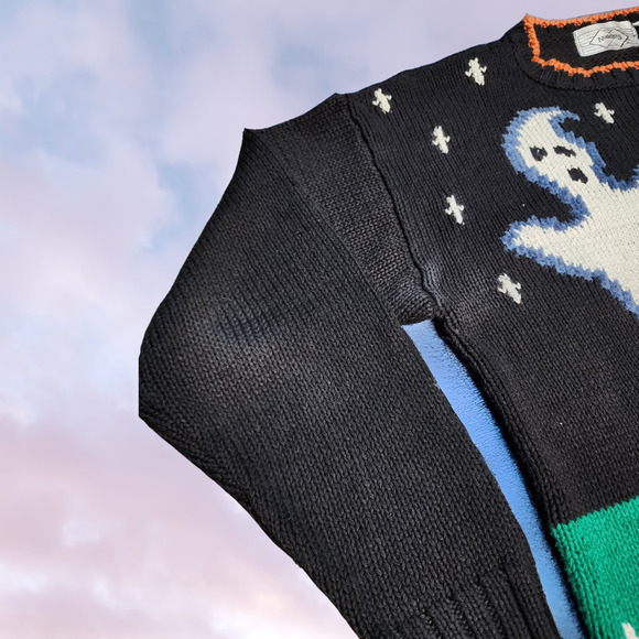 Vtg 90s Nuggets Black Orange Halloween Ghost Pumpkin Moon Chunky Knit Sweater M - Picture 2 of 4